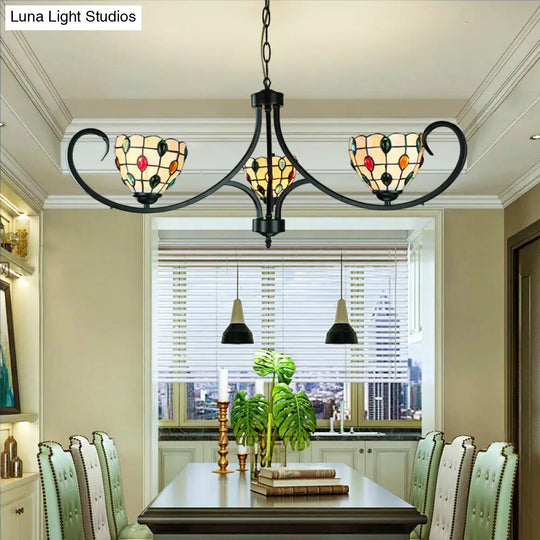 Suspended Beige Bowl With Colorful Bead Tiffany Stained Glass Chandelier - 3 Lights For Dining Room