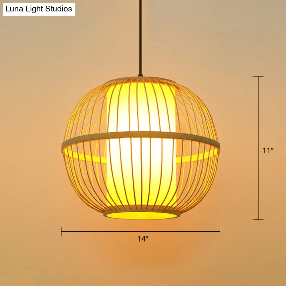 Suspended Beige Wooden Sphere Tea Room Pendant Light With Single Bulb