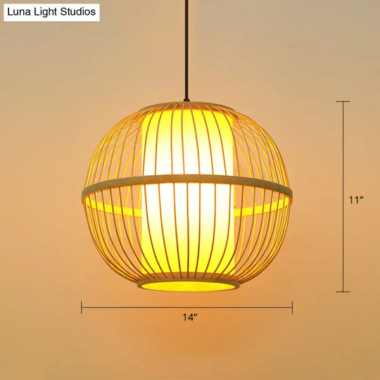 Suspended Beige Wooden Sphere Tea Room Pendant Light With Single Bulb