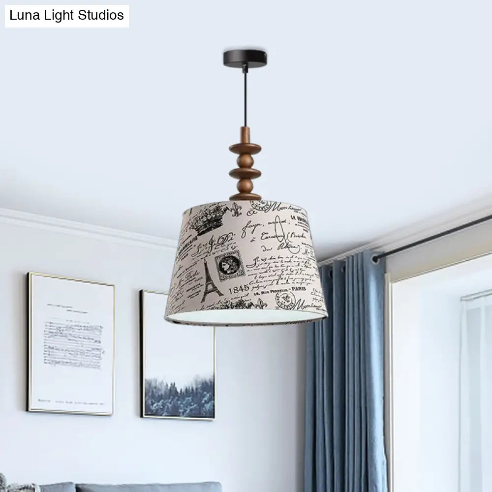 Suspended Countryside Fabric Pendant Light In White With Conical Script Print - Dining Room