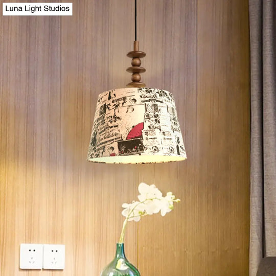 Suspended Countryside Fabric Pendant Light In White With Conical Script Print - Dining Room