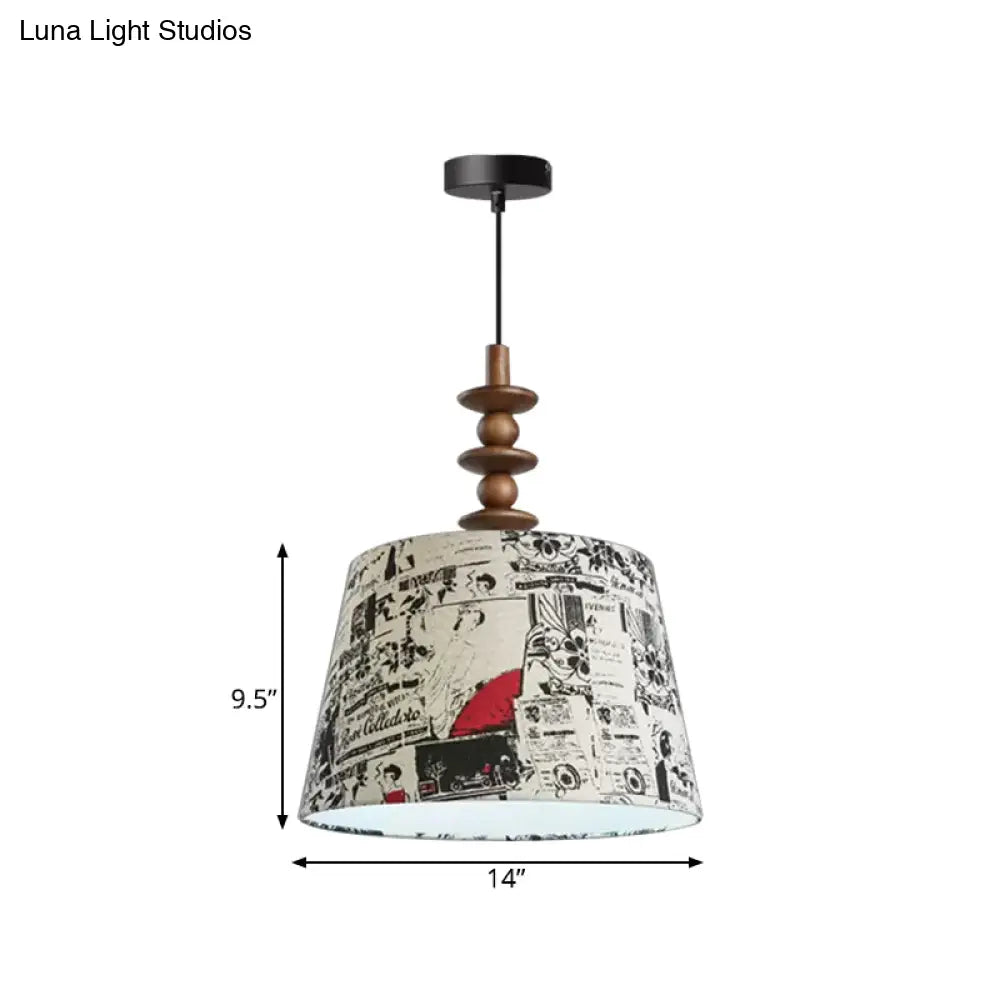 Suspended Countryside Fabric Pendant Light In White With Conical Script Print - Dining Room