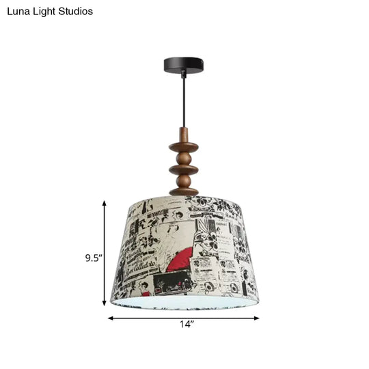 Suspended Countryside Fabric Pendant Light In White With Conical Script Print - Dining Room