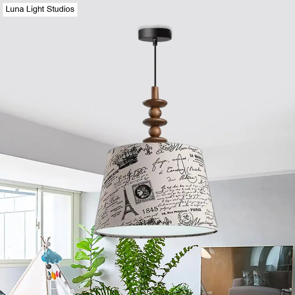 Suspended Countryside Fabric Pendant Light In White With Conical Script Print - Dining Room