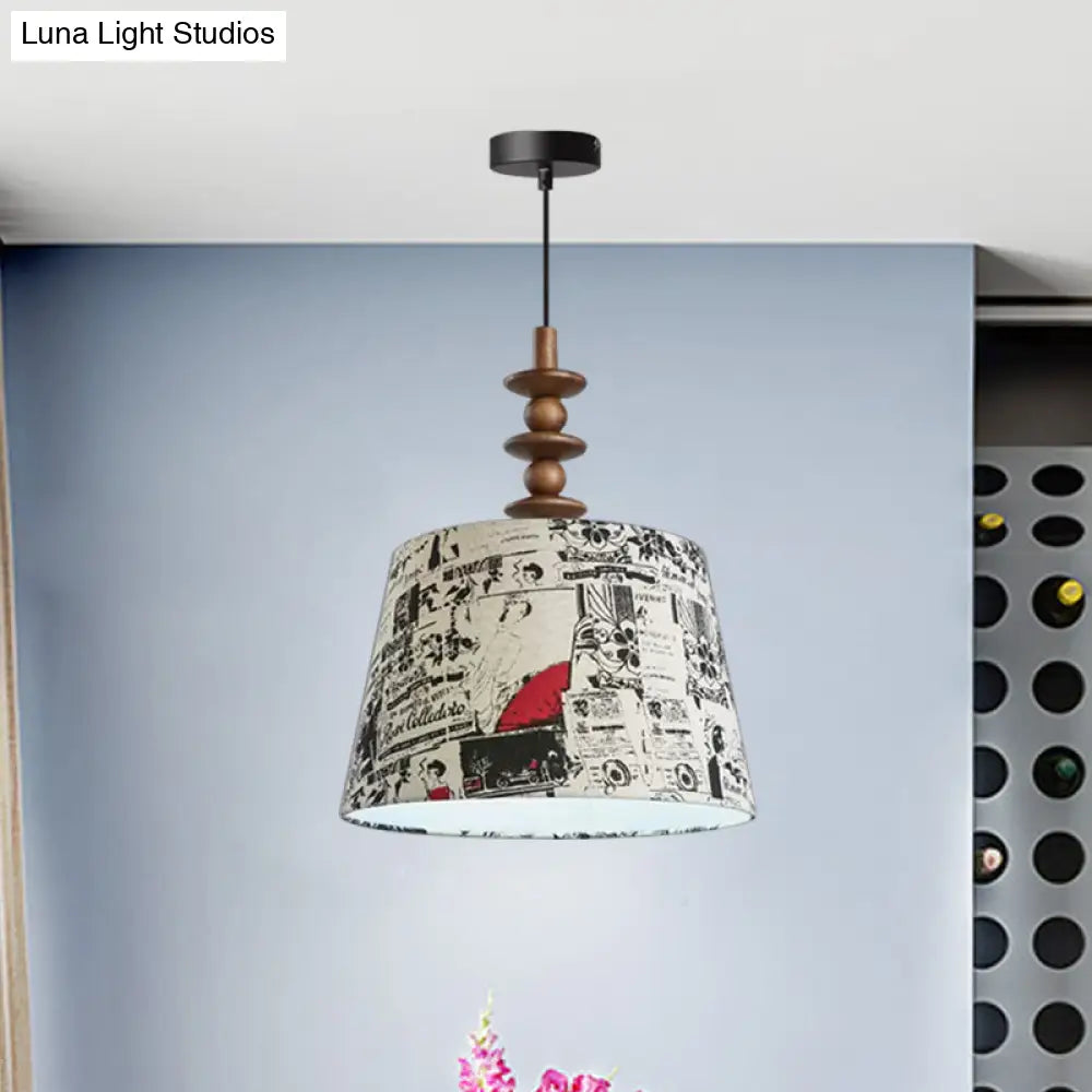 Suspended Countryside Fabric Pendant Light In White With Conical Script Print - Dining Room