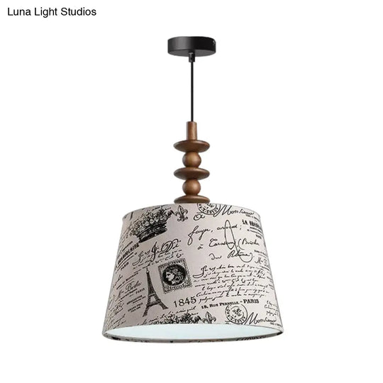 Suspended Countryside Fabric Pendant Light In White With Conical Script Print - Dining Room