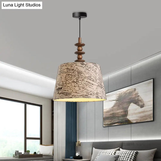 Suspended Countryside Fabric Pendant Light In White With Conical Script Print - Dining Room