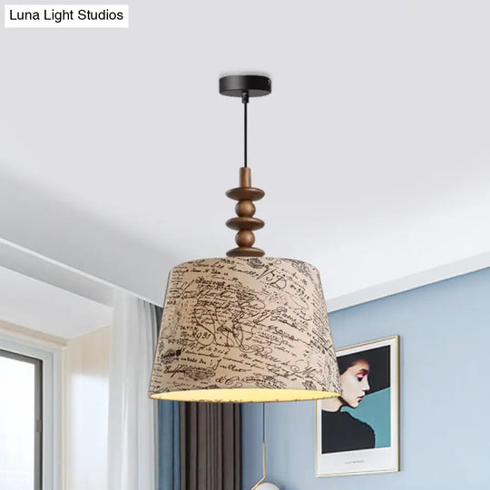 Suspended Countryside Fabric Pendant Light In White With Conical Script Print - Dining Room