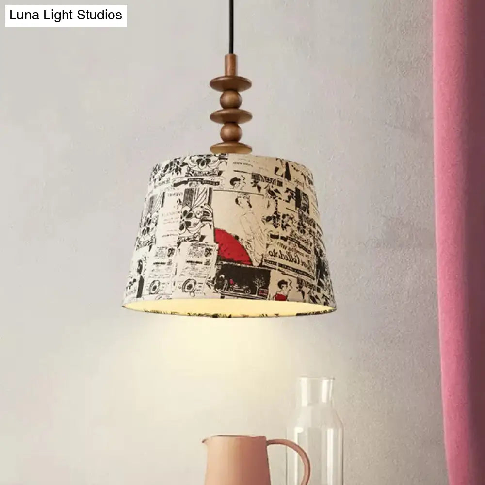 Suspended Countryside Fabric Pendant Light In White With Conical Script Print - Dining Room