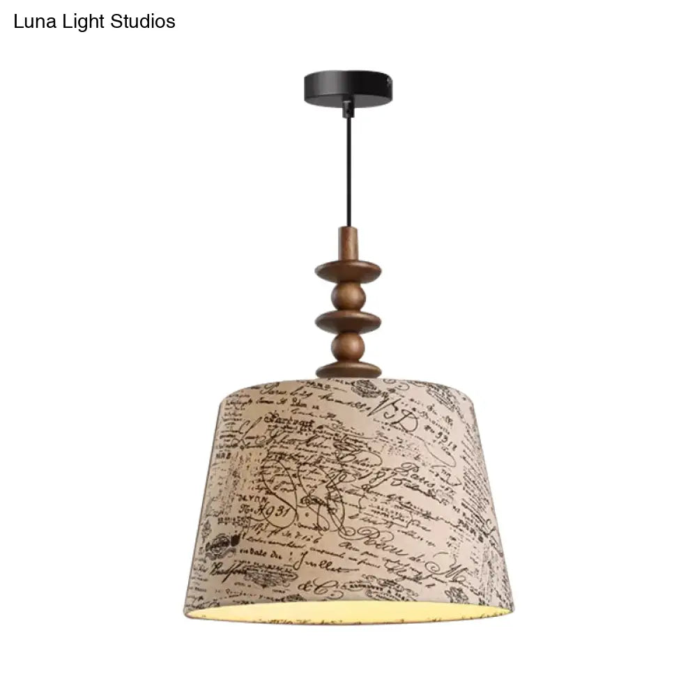 Suspended Countryside Fabric Pendant Light In White With Conical Script Print - Dining Room