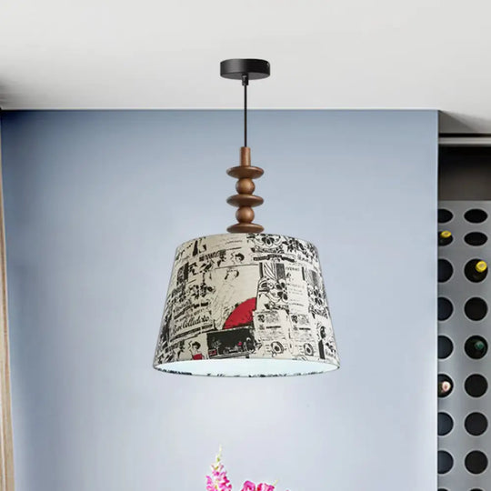 Suspended Countryside Fabric Pendant Light In White With Conical Script Print - Dining Room / B