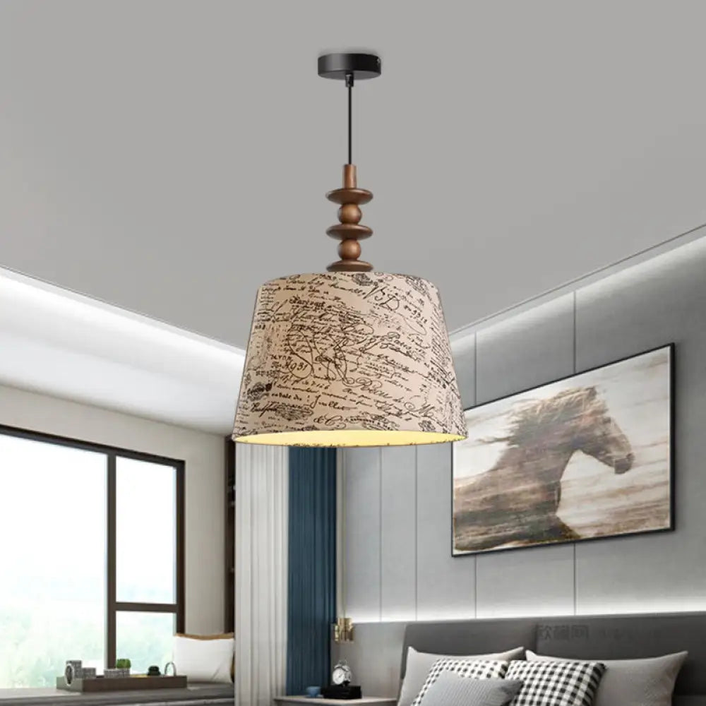 Suspended Countryside Fabric Pendant Light In White With Conical Script Print - Dining Room / C