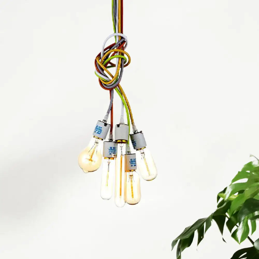 Suspended Industrial Metal Light With 5 White Bulbs And Multi-Colored Cord For Open Bulb Restaurant