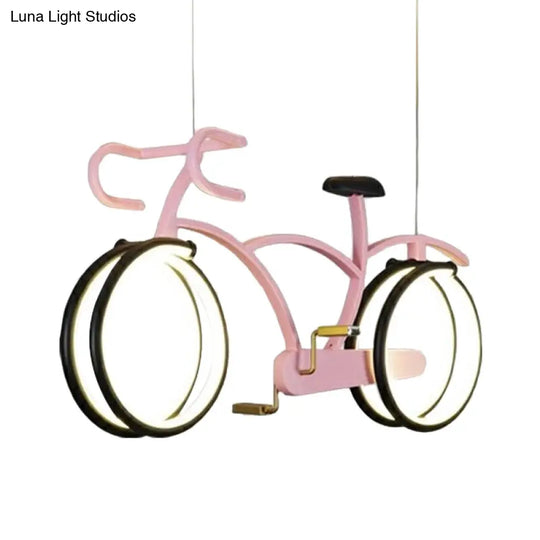 Suspended Metal Led Road Bike Flushmount Ceiling Lamp - Kids Silver/Blue/Pink Room