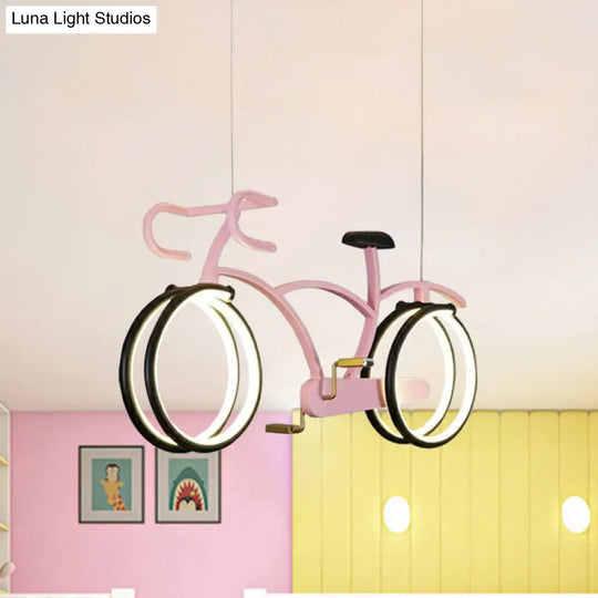 Suspended Metal Led Road Bike Flushmount Ceiling Lamp - Kids Silver/Blue/Pink Room