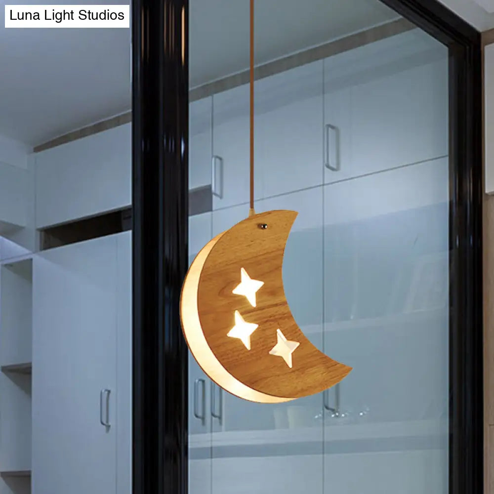 Suspended Wood Panel Pendant Light With Star/Moon Design - Beige Shade For Restaurants