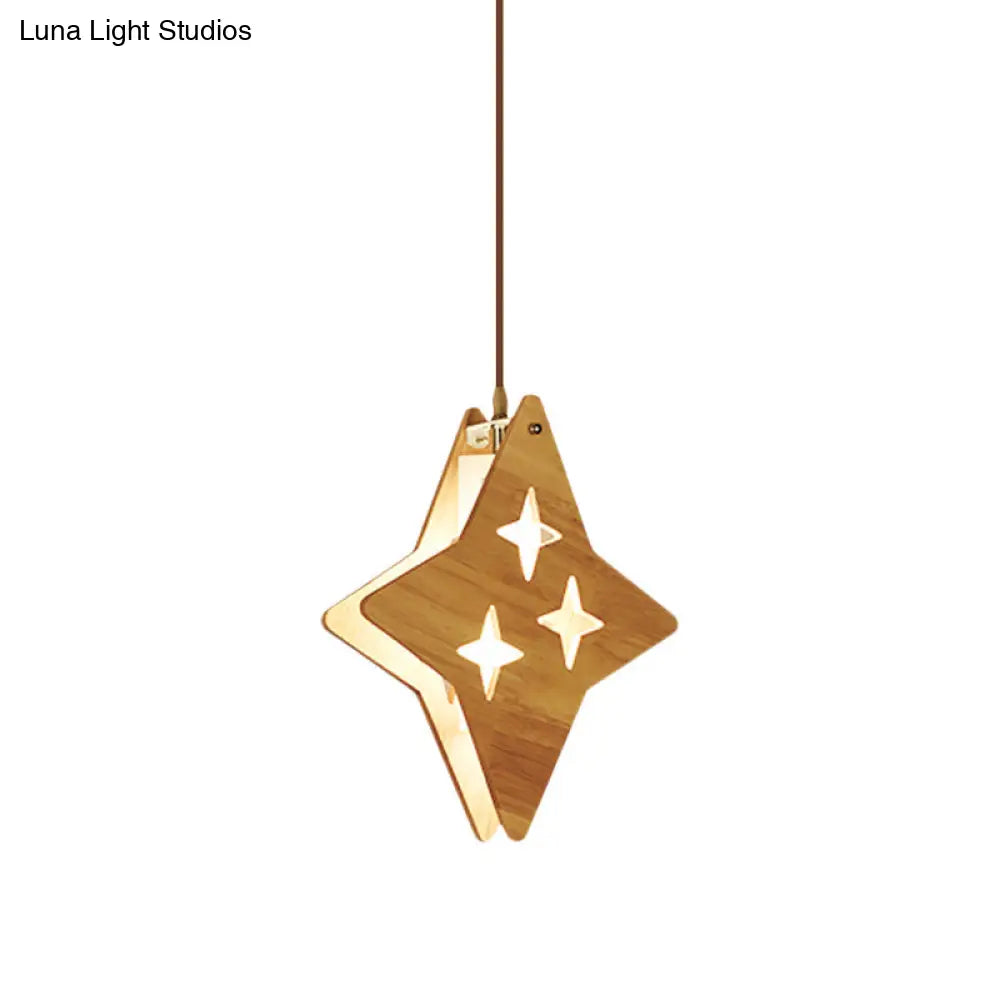 Suspended Wood Panel Pendant Light With Star/Moon Design - Beige Shade For Restaurants