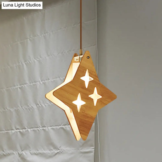 Suspended Wood Panel Pendant Light With Star/Moon Design - Beige Shade For Restaurants