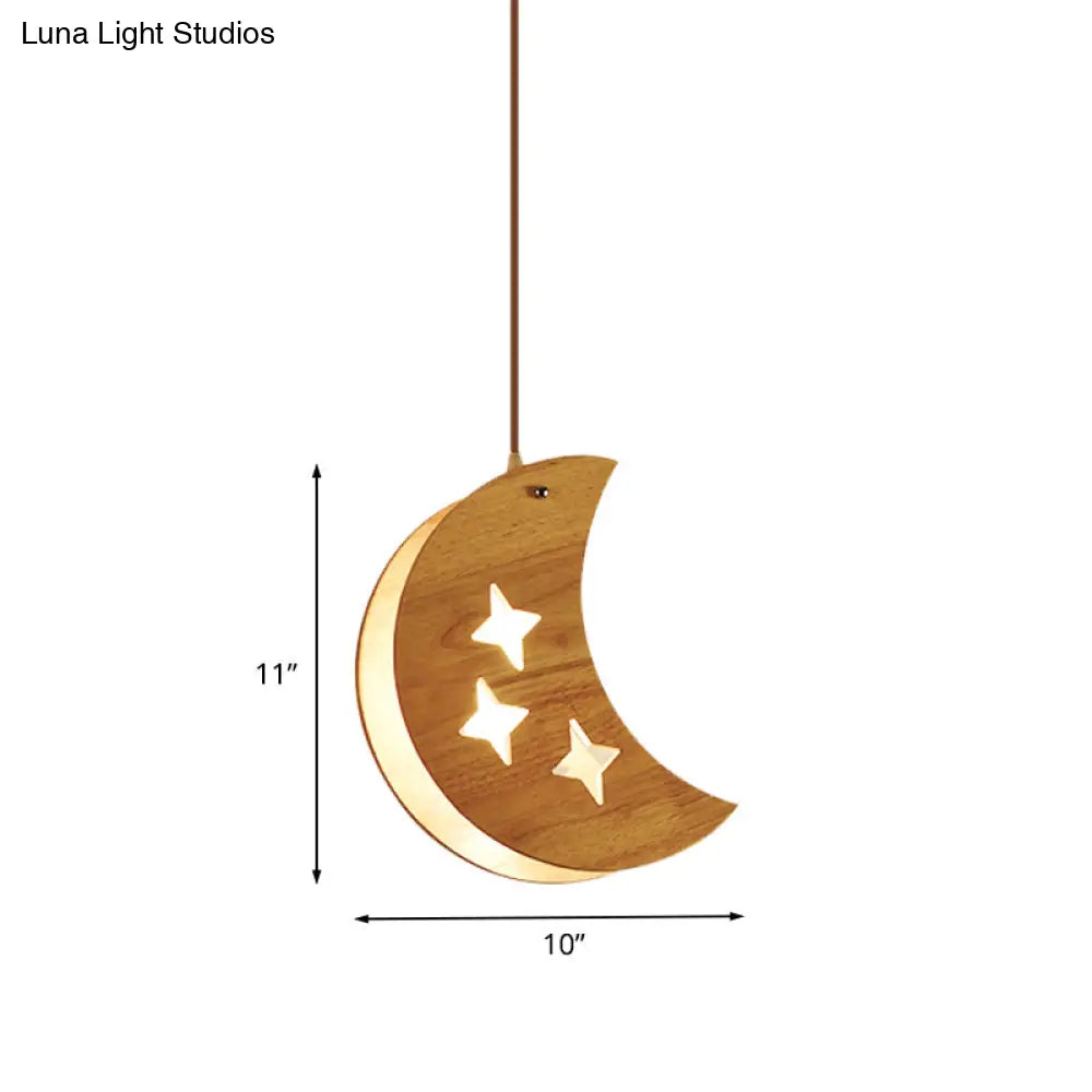 Suspended Wood Panel Pendant Light With Star/Moon Design - Beige Shade For Restaurants