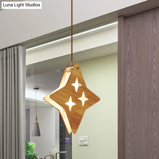 Suspended Wood Panel Pendant Light With Star/Moon Design - Beige Shade For Restaurants