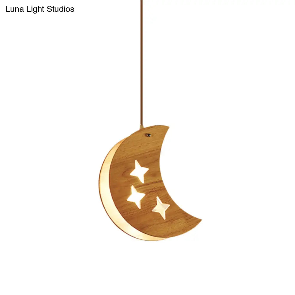 Suspended Wood Panel Pendant Light With Star/Moon Design - Beige Shade For Restaurants