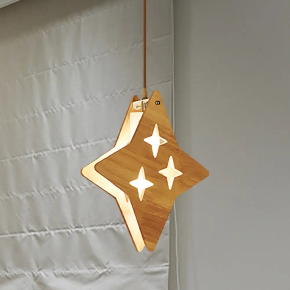 Suspended Wood Panel Pendant Light With Star/Moon Design - Beige Shade For Restaurants / Star