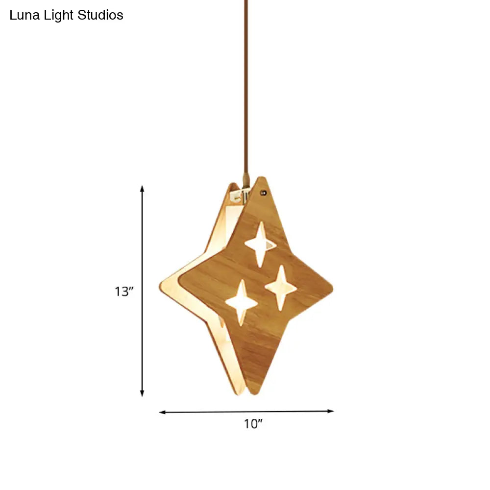 Suspended Wood Panel Pendant Light With Star/Moon Design - Beige Shade For Restaurants