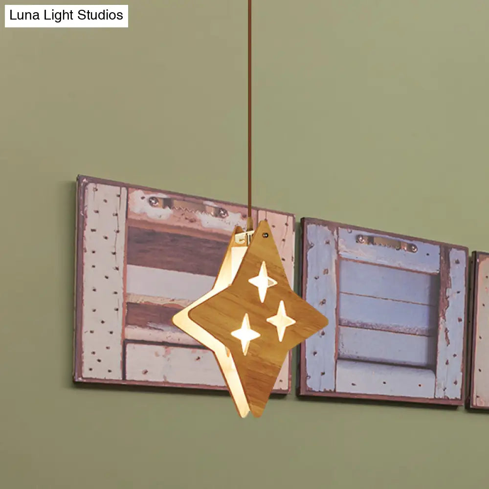 Suspended Wood Panel Pendant Light With Star/Moon Design - Beige Shade For Restaurants