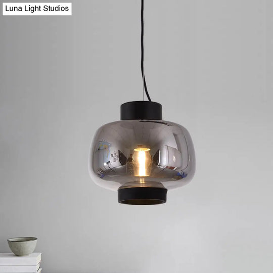 Suspension Lantern Light - Modern 1-Head Pendant In Smoke Gray/Cream/Cognac Glass For Living Room