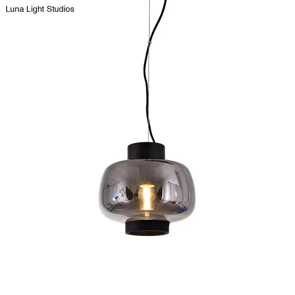 Modern Lantern Living Room Pendant Light With 1-Head Smoke Gray/Cream/Cognac Glass - Stylish Hanging