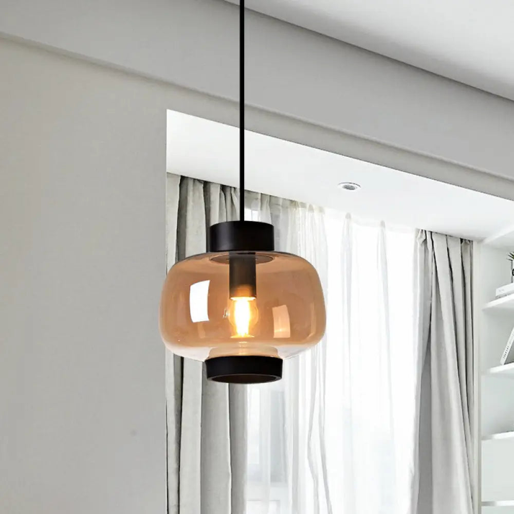 Suspension Lantern Light - Modern 1-Head Pendant In Smoke Gray/Cream/Cognac Glass For Living Room