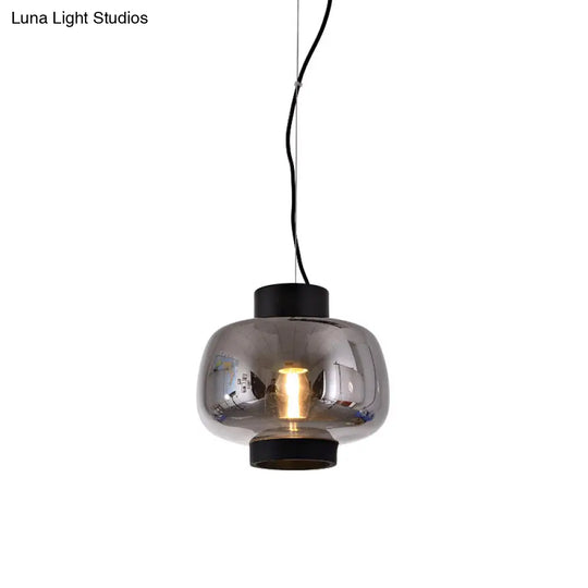 Suspension Lantern Light - Modern 1-Head Pendant In Smoke Gray/Cream/Cognac Glass For Living Room