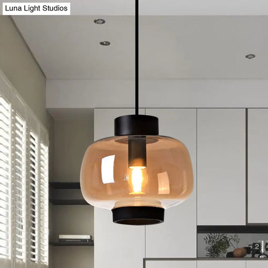 Suspension Lantern Light - Modern 1-Head Pendant In Smoke Gray/Cream/Cognac Glass For Living Room