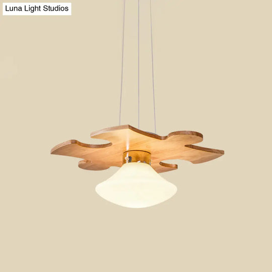 Suspension Light - Modern Wood Jigsaw Puzzle Hanging Lamp Kit With Mushroom Cream Glass Shade