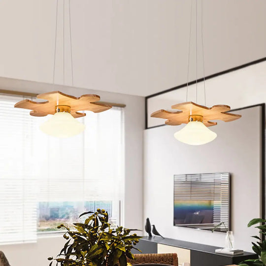 Suspension Light With Modern Wood Jigsaw Puzzle Design - Mushroom Cream Glass Shade