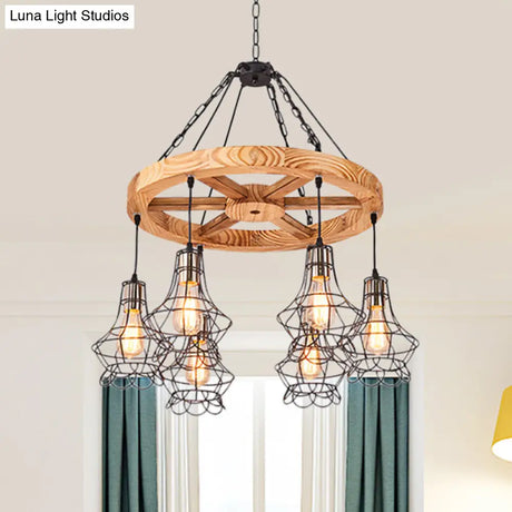 Suspension Wooden Wagon Wheel Chandelier - Rustic 6/8-Light Fixture With Wire Cage For Dining Hall
