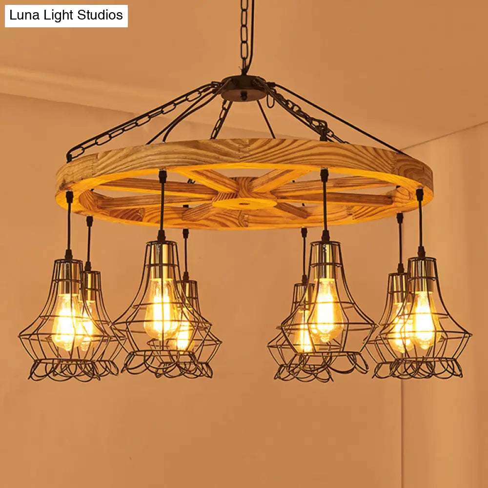 Suspension Wooden Wagon Wheel Chandelier - Rustic 6/8-Light Fixture With Wire Cage For Dining Hall