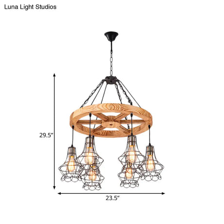 Suspension Wooden Wagon Wheel Chandelier - Rustic 6/8-Light Fixture With Wire Cage For Dining Hall
