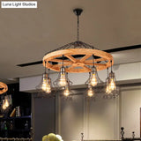 Suspension Wooden Wagon Wheel Chandelier - Rustic 6/8-Light Fixture With Wire Cage For Dining Hall