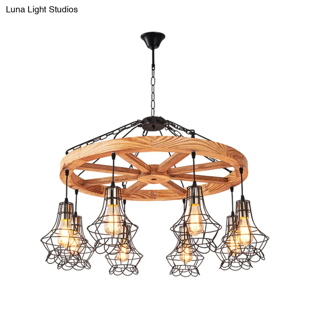 Suspension Wooden Wagon Wheel Chandelier - Rustic 6/8-Light Fixture With Wire Cage For Dining Hall