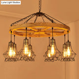 Suspension Wooden Wagon Wheel Chandelier - Rustic 6/8-Light Fixture With Wire Cage For Dining Hall