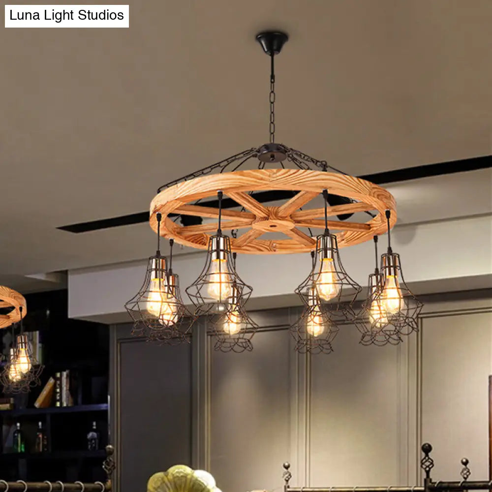 Wood Suspension Wagon Wheel Chandelier For Dining Hall - 6/8-Light Ceiling Fixture With Wire Cage