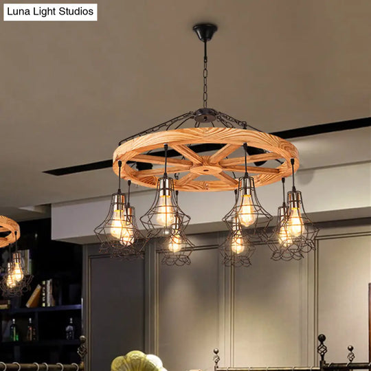 Wood Suspension Wagon Wheel Chandelier For Dining Hall - 6/8-Light Ceiling Fixture With Wire Cage