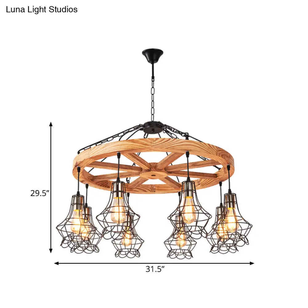 Suspension Wooden Wagon Wheel Chandelier - Rustic 6/8-Light Fixture With Wire Cage For Dining Hall