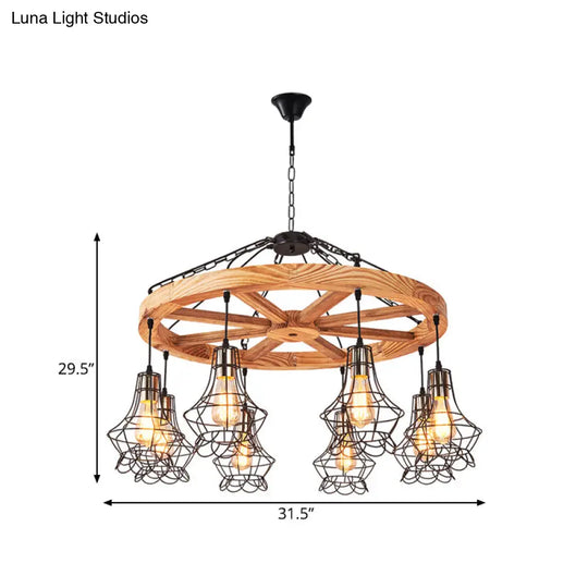 Suspension Wooden Wagon Wheel Chandelier - Rustic 6/8-Light Fixture With Wire Cage For Dining Hall