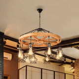 Suspension Wooden Wagon Wheel Chandelier - Rustic 6/8-Light Fixture With Wire Cage For Dining Hall