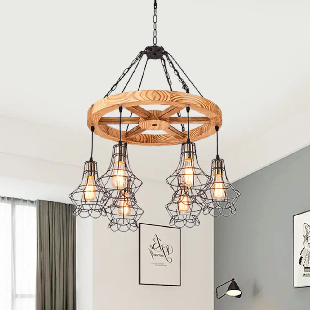 Suspension Wooden Wagon Wheel Chandelier - Rustic 6/8-Light Fixture With Wire Cage For Dining Hall