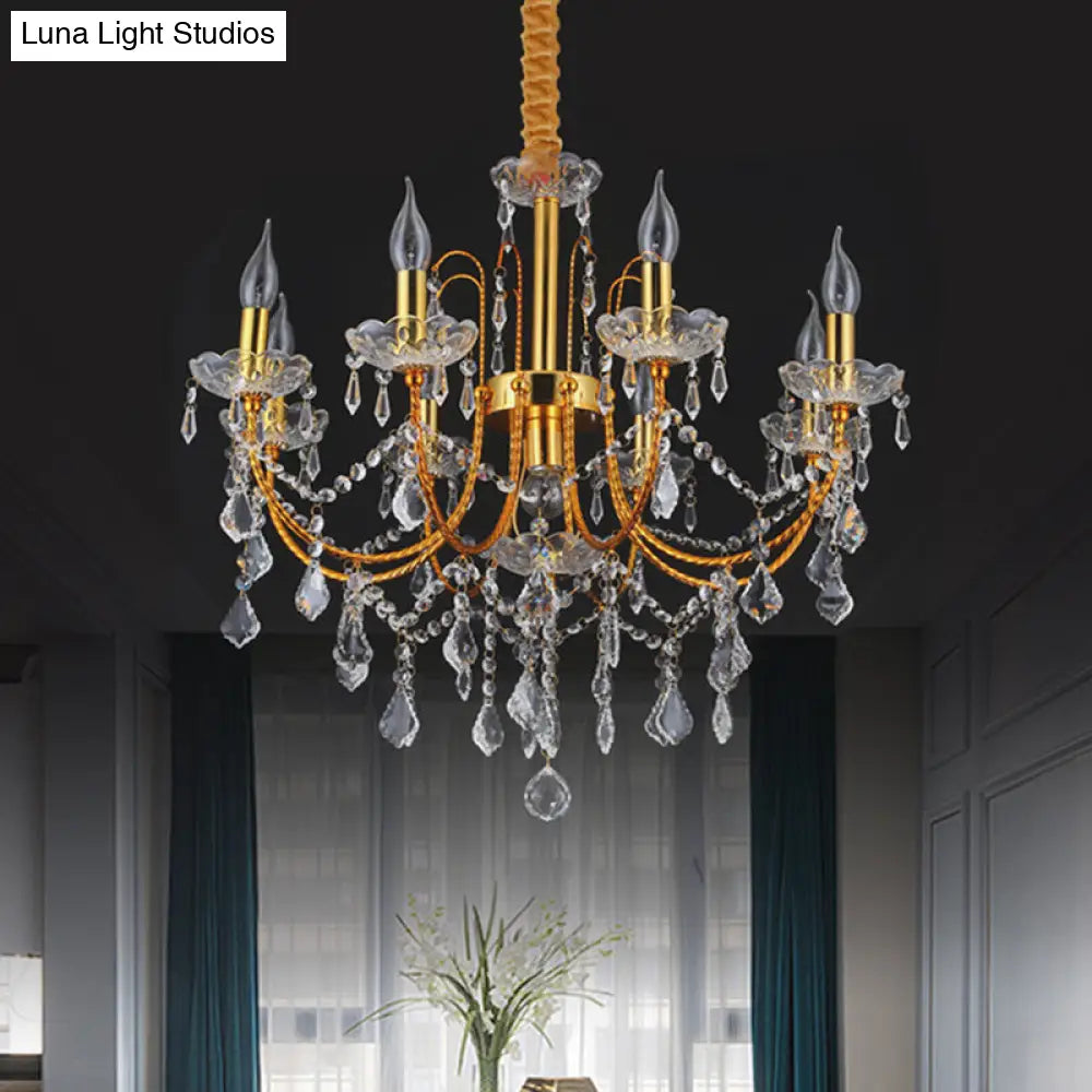 Traditional Gold Metal Candelabra Chandelier With Swag Crystal Strand Deco - Dining Room Hanging