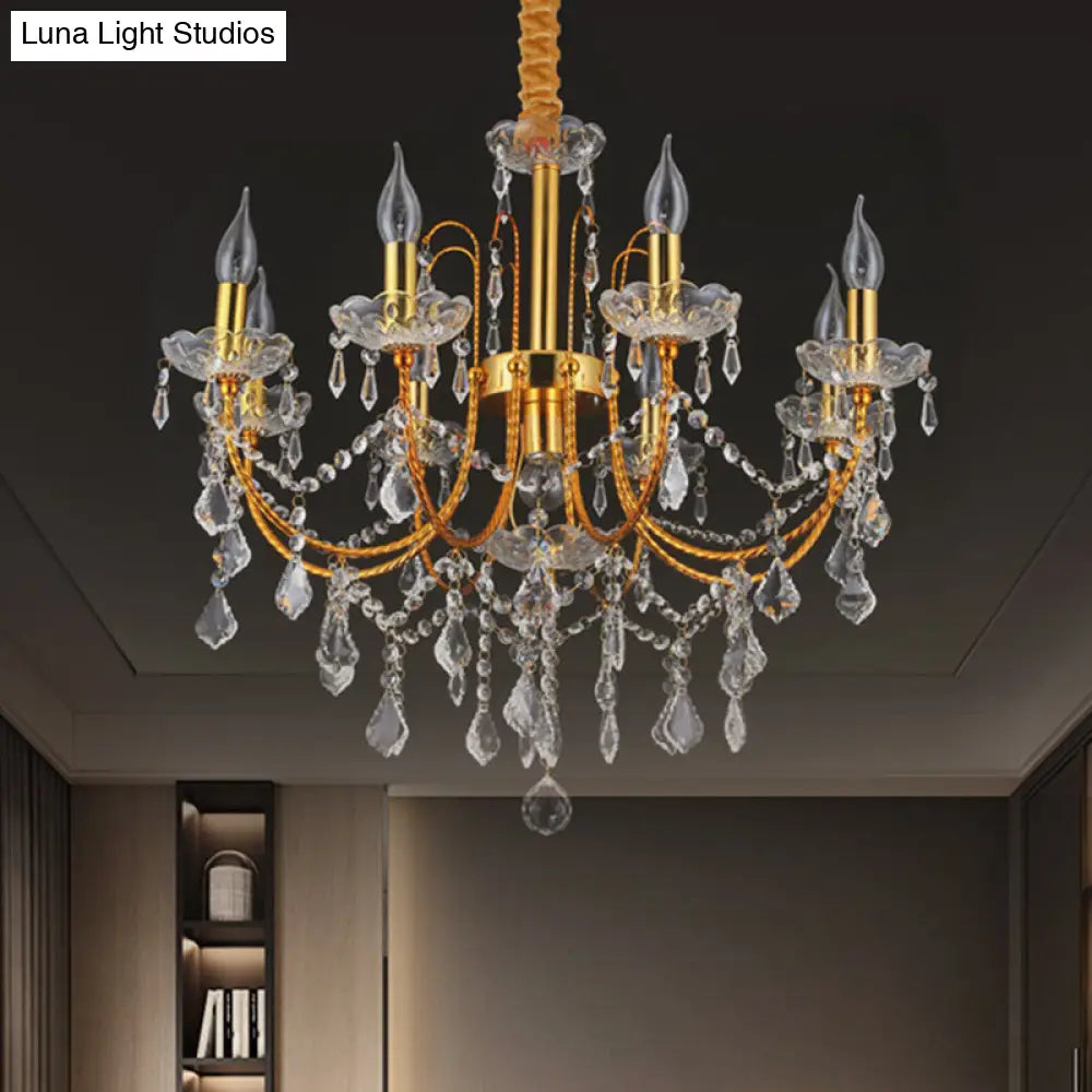 Traditional Gold Metal Candelabra Chandelier With Swag Crystal Strand Deco - Dining Room Hanging