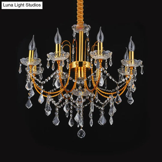 Traditional Gold Metal Candelabra Chandelier With Swag Crystal Strand Deco - Dining Room Hanging